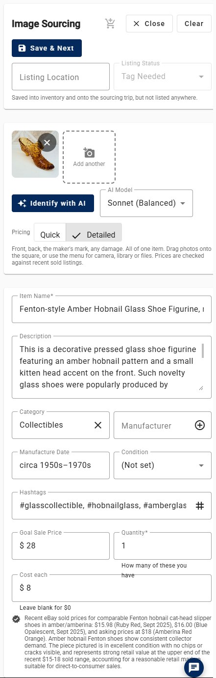 SOLD Now Image Sourcing form filled in by AI from a photo of an amber glass shoe: Item name, Fenton-style Amber Hobnail Glass Shoe Figurine, mid-20th century. A description of the pressed amber hobnail glass with a small kitten head accent. Category, Collectibles. Manufacture date, circa 1950s to 1970s. Hashtags including #hobnailglass, #amberglass and #fentonstyle. Goal sale price, $28, from recent eBay sold prices. Cost each, $8.