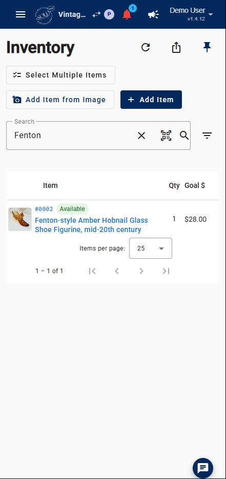 Inventory list showing item 0002, Fenton-style Amber Hobnail Glass Shoe Figurine, $28, with the original photo as its thumbnail.