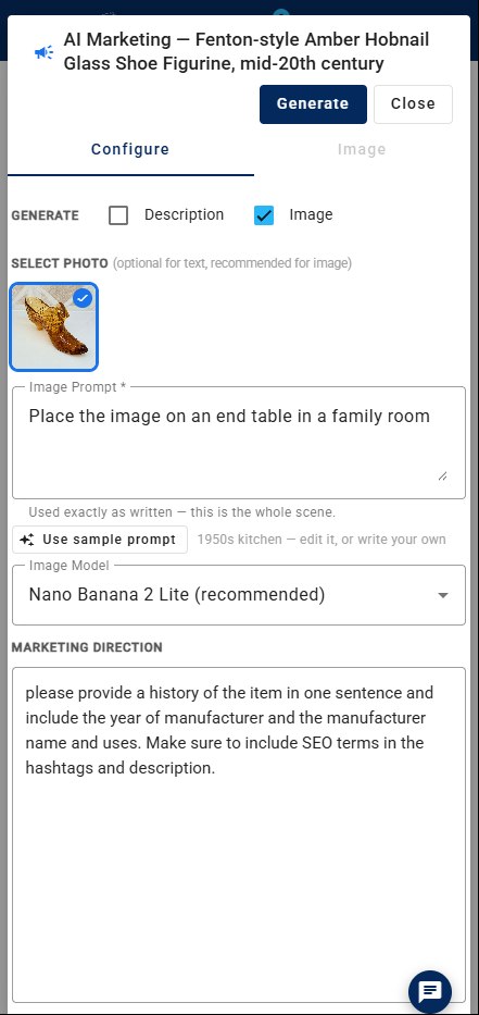 AI Marketing screen: Generate Image selected, the shoe photo selected, and the image prompt: Place the image on an end table in a family room.