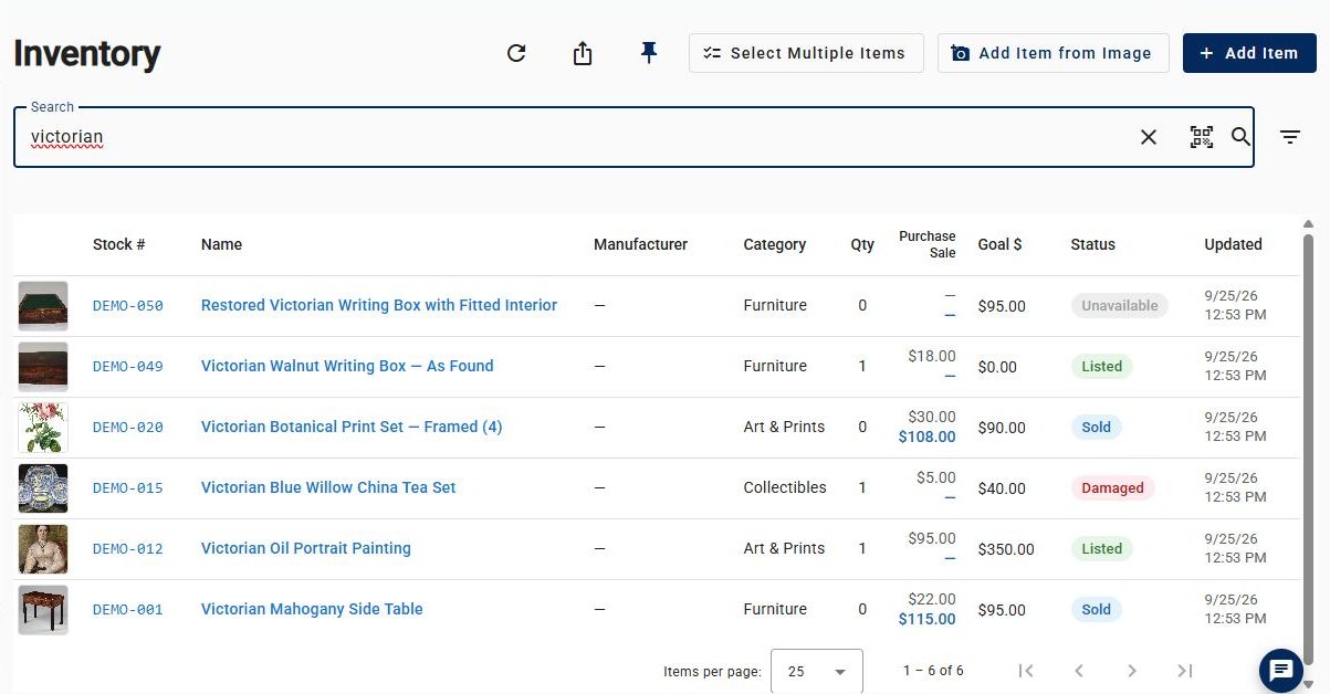 SOLD Now inventory screen: six Victorian pieces with photos, categories, purchase and sale prices, goal prices and statuses.