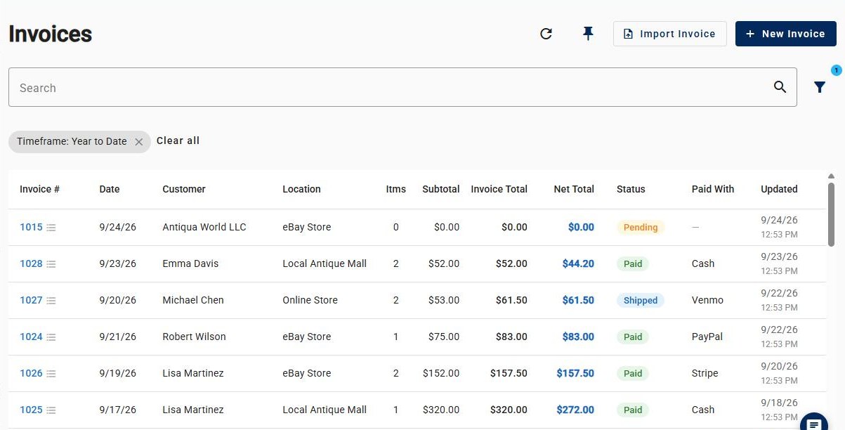 SOLD Now invoices screen: recent invoices by customer and sales location, with net totals, paid and shipped statuses, and payment methods.