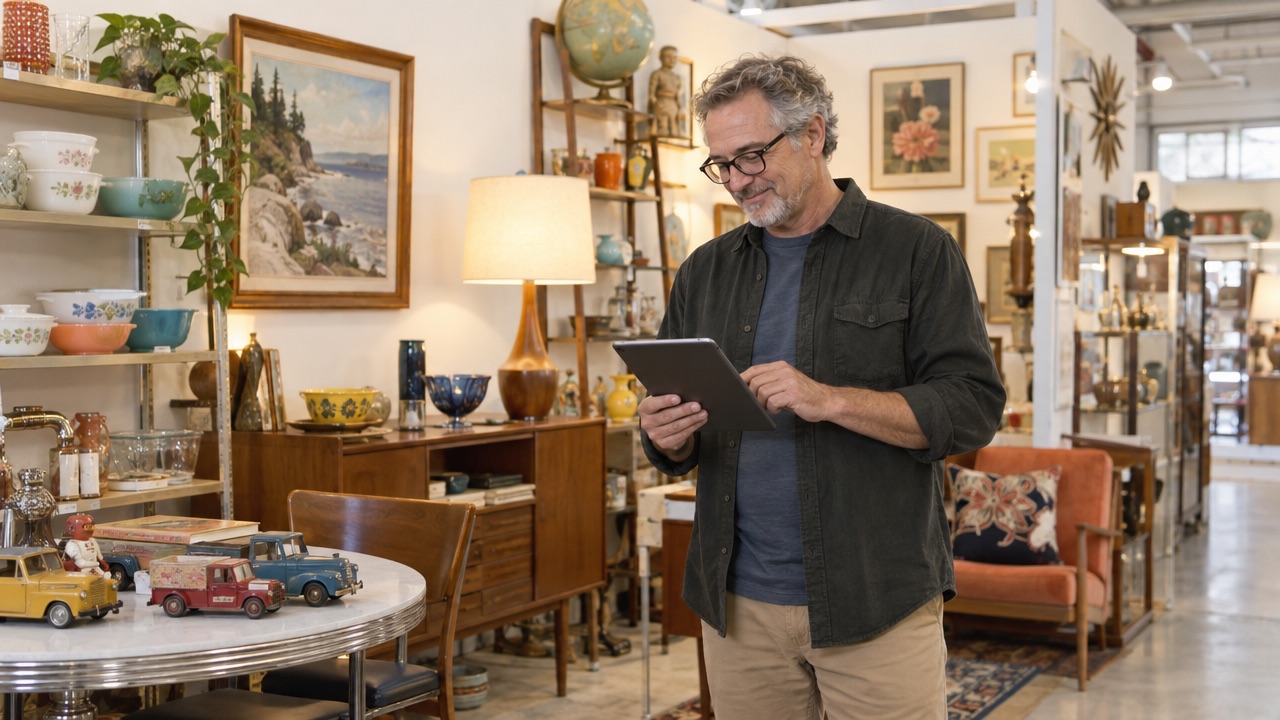 Antique dealer in a vintage booth reading sales numbers on a tablet