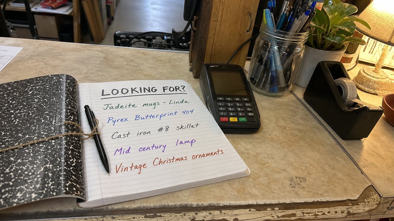 Customer request notebook at an antique mall checkout counter listing items shoppers are looking for.
