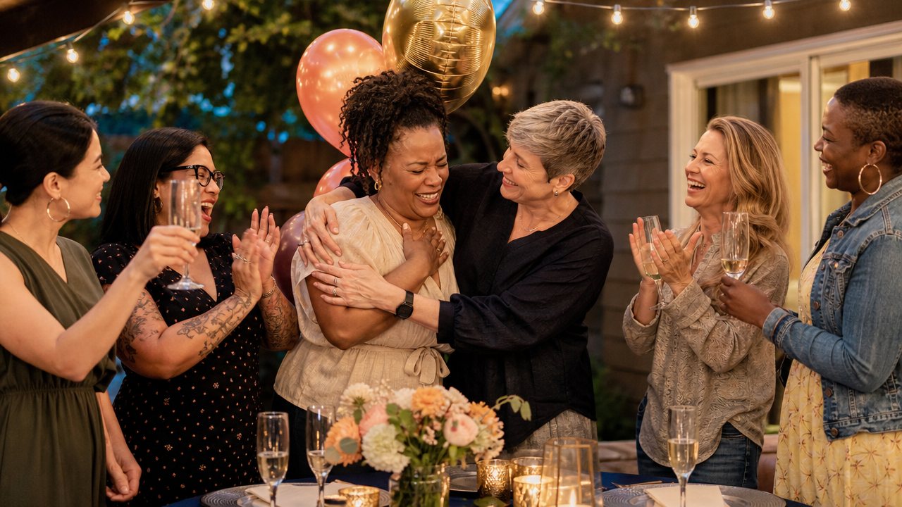 Friends celebrating on a string-lit patio with balloons and champagne, two women hugging while the others clap and raise their glasses.