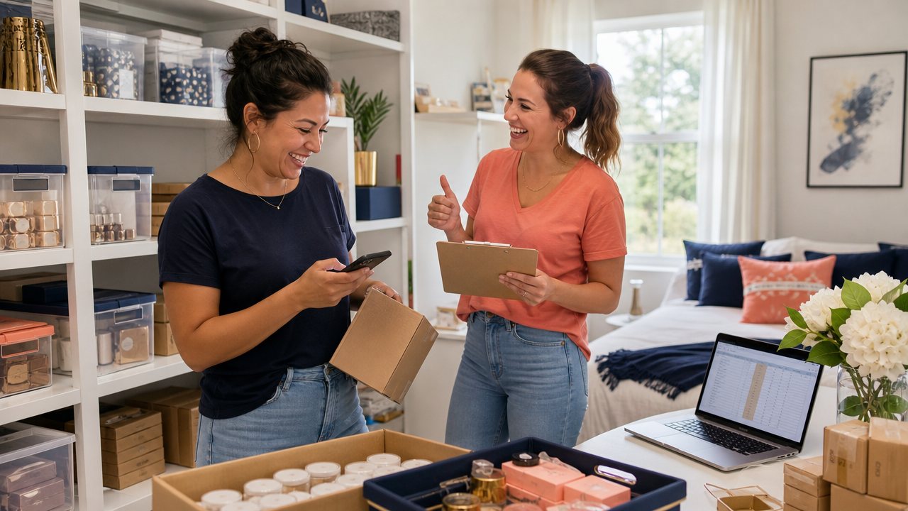 Two women in a spare room lined with labelled storage bins, one checking an item on her phone while the other gives a thumbs up holding a clipboard.