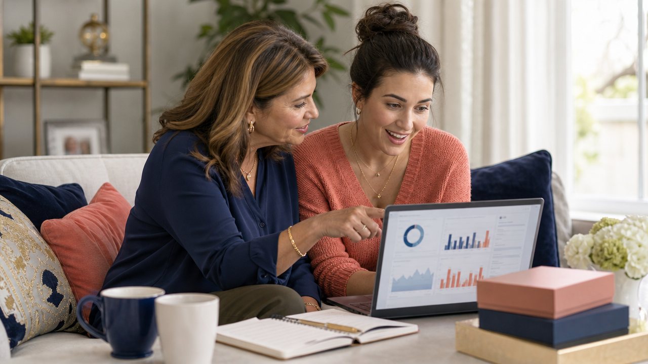 Two women on a sofa looking at business charts on a laptop, one pointing at the screen, with coffee mugs and a notebook on the table.