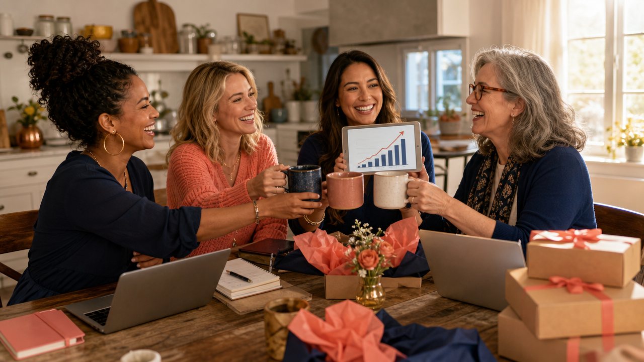 Four direct sellers toasting with coffee mugs around a kitchen table, one holding a tablet showing a rising sales chart