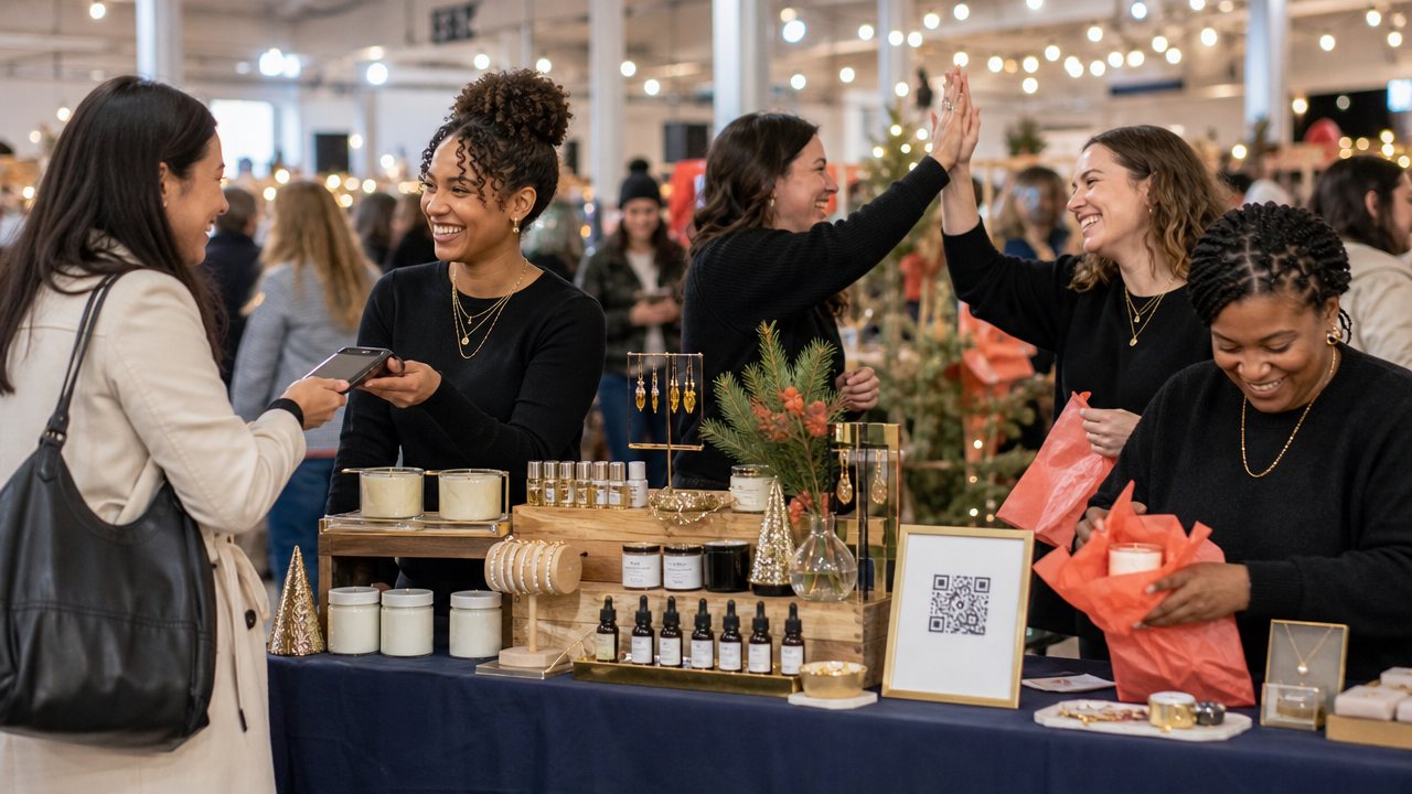 Sellers at a holiday vendor fair table of candles and jewelry, a customer paying by phone, a QR code sign on the table and two sellers sharing a high five.