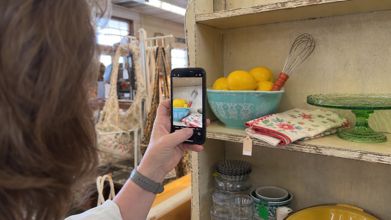Reseller filming a vintage Pyrex vignette in her antique booth with a smartphone for social media.