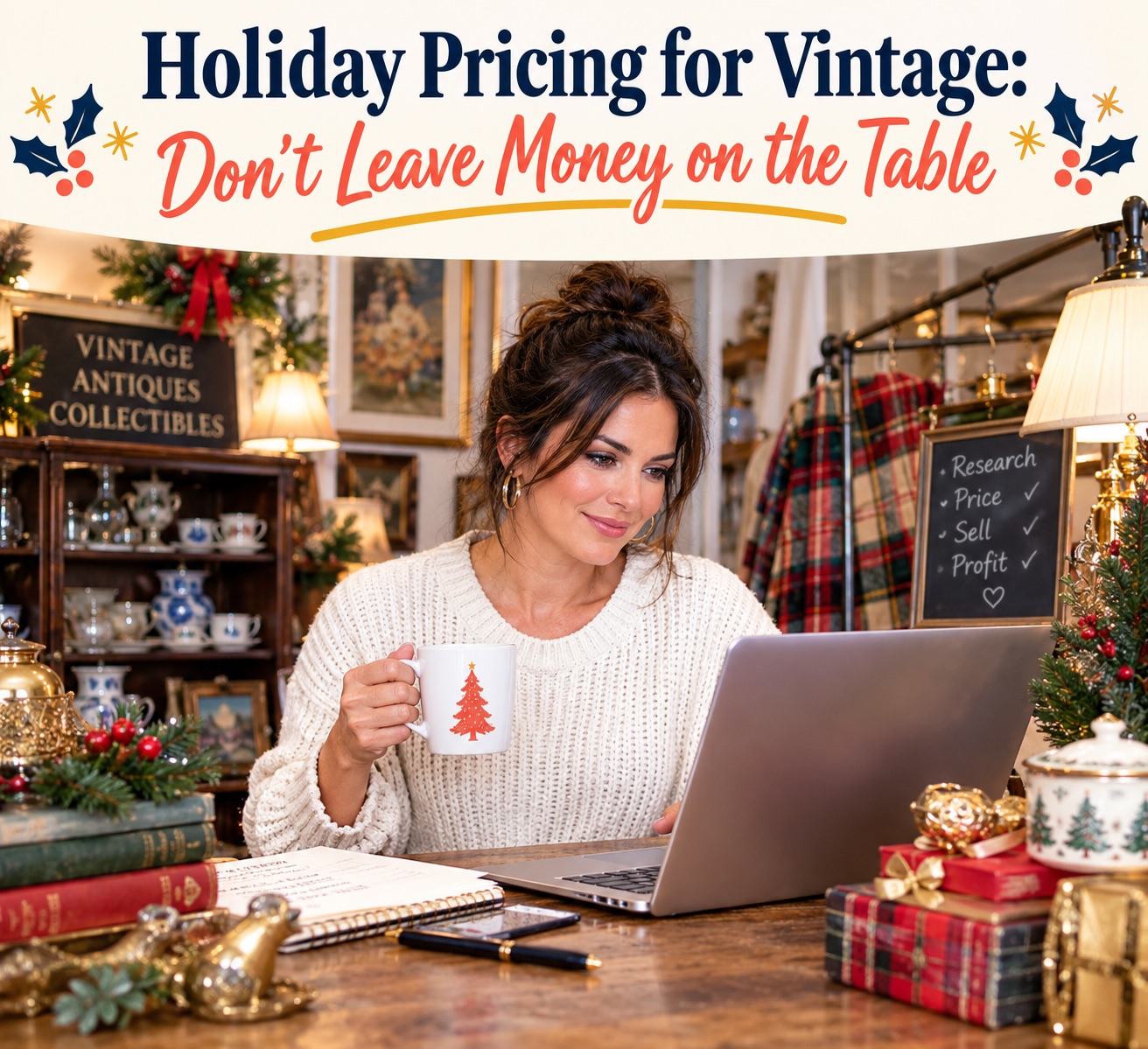 A woman in a cream sweater holds a Christmas tree mug while pricing on a laptop in a vintage shop decorated for the holidays, under the headline Holiday Pricing for Vintage: Don’t Leave Money on the Table