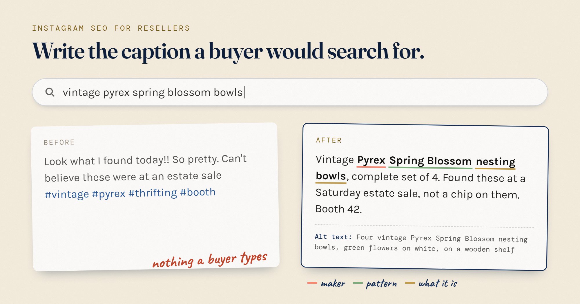 Write the caption a buyer would search for. A search bar reads: vintage pyrex spring blossom bowls. Before: Look what I found today!! So pretty, with hashtags, noted as nothing a buyer types. After: Vintage Pyrex Spring Blossom nesting bowls, complete set of 4, with the maker, pattern and item underlined, and alt text describing the bowls.