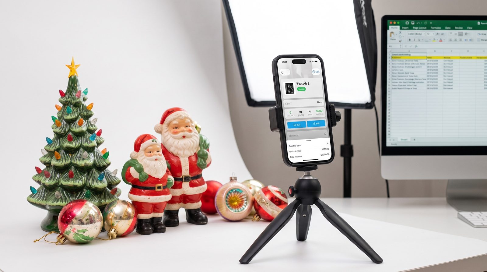 A phone on a small tripod in front of a photo backdrop with vintage ceramic Santas, a ceramic tree and glass ornaments ready to be listed