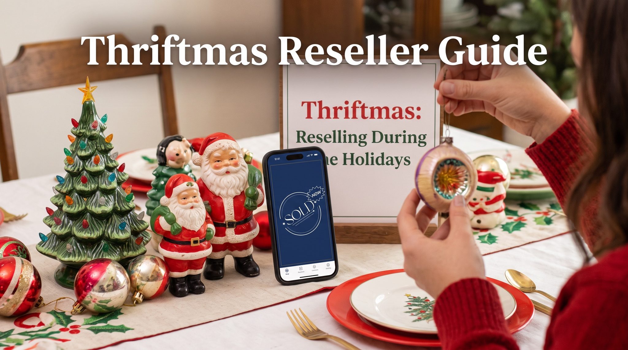 A holiday table set with vintage ceramic Santas, a light-up ceramic Christmas tree and glass ornaments, with the SOLD Now app open on a phone. Headline: Thriftmas Reseller Guide.