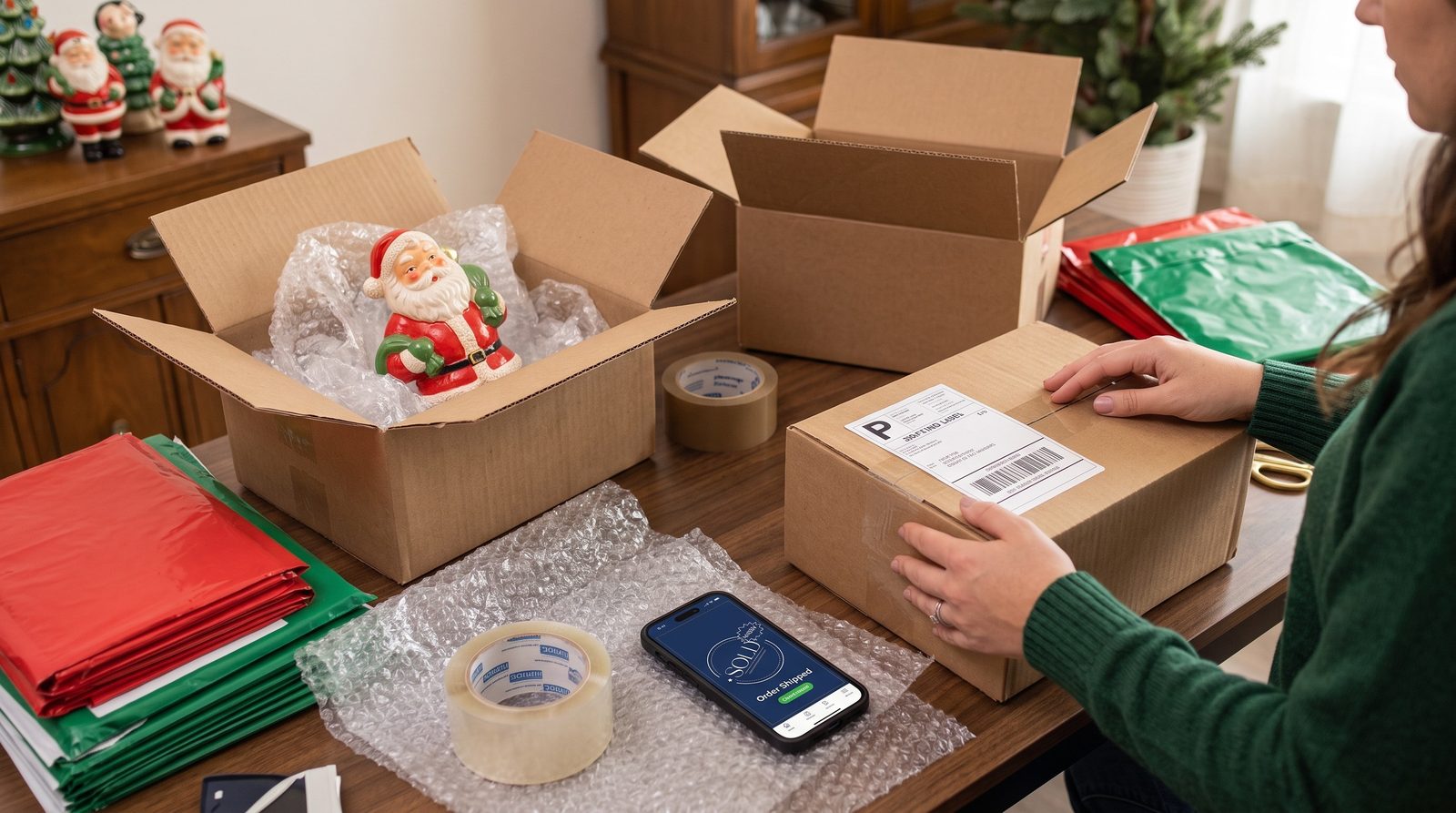A reseller taping up a labelled box, with a vintage ceramic Santa in bubble wrap in another box and the SOLD Now app showing Order Shipped