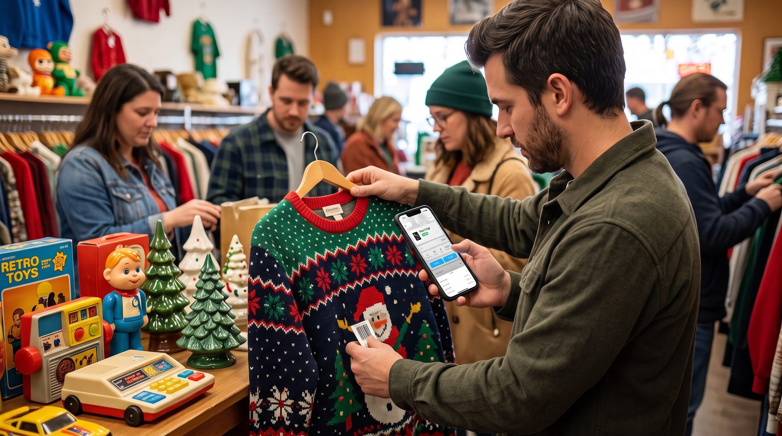 A reseller in a busy thrift store holding up a Christmas sweater and checking it on his phone, beside a table of retro toys and ceramic trees