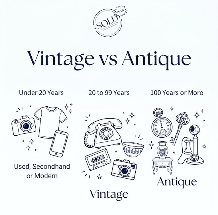 Chart showing items under 20 years as used or secondhand, 20 to 99 years as vintage, and 100 years or more as antique
