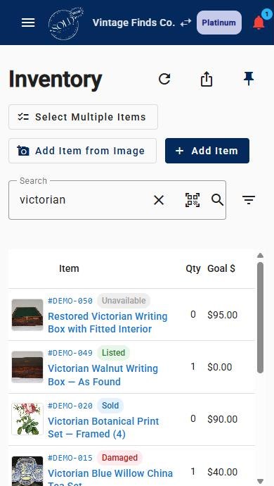 Inventory on a phone: item photos, statuses and goal prices.