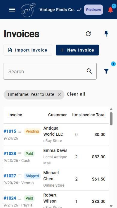 Invoices on a phone: invoice numbers, statuses, customers and totals.