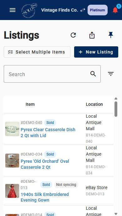 Listings on a phone: each item with its photo, status and where it is listed.
