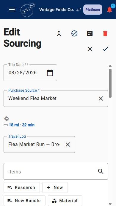 The same sourcing trip on a phone: trip date, purchase source and the 18 miles logged to the travel log.